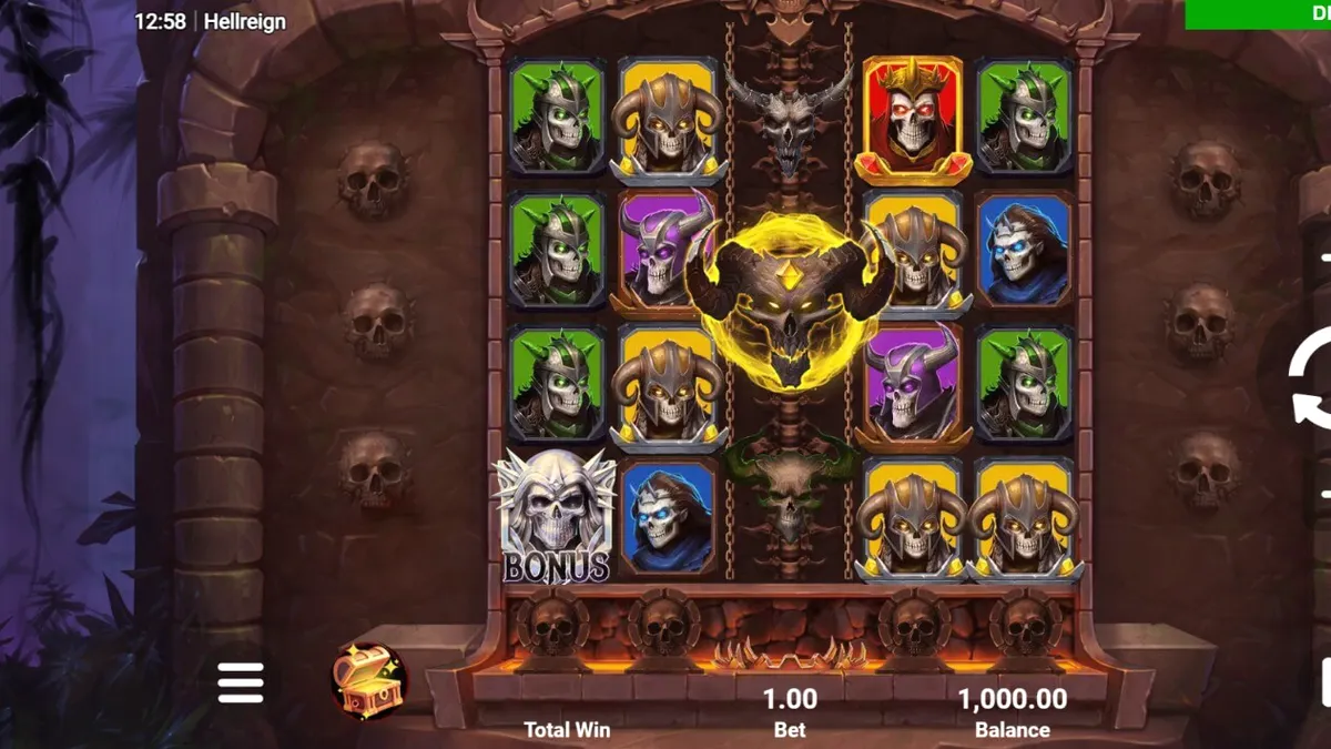 Tampilan visual gelap dan mencekam dari slot Hellreign Scatter Magnet dengan elemen iblis.