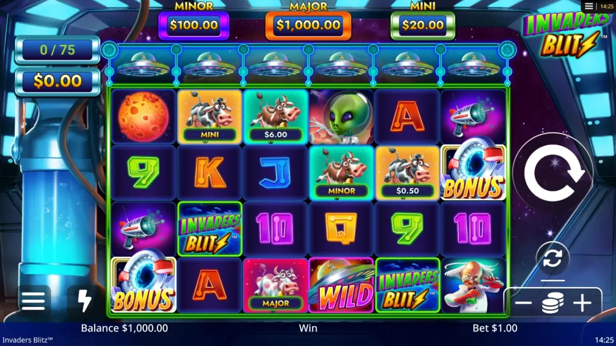 Tampilan visual slot Invaders Blitz dengan tema alien dan sapi luar angkasa